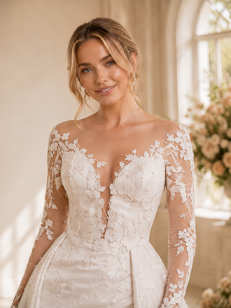 ChicSew Elegant Illusion Long Sleeves Satin Lace Appliques Mermaid Maxi Wedding Dress