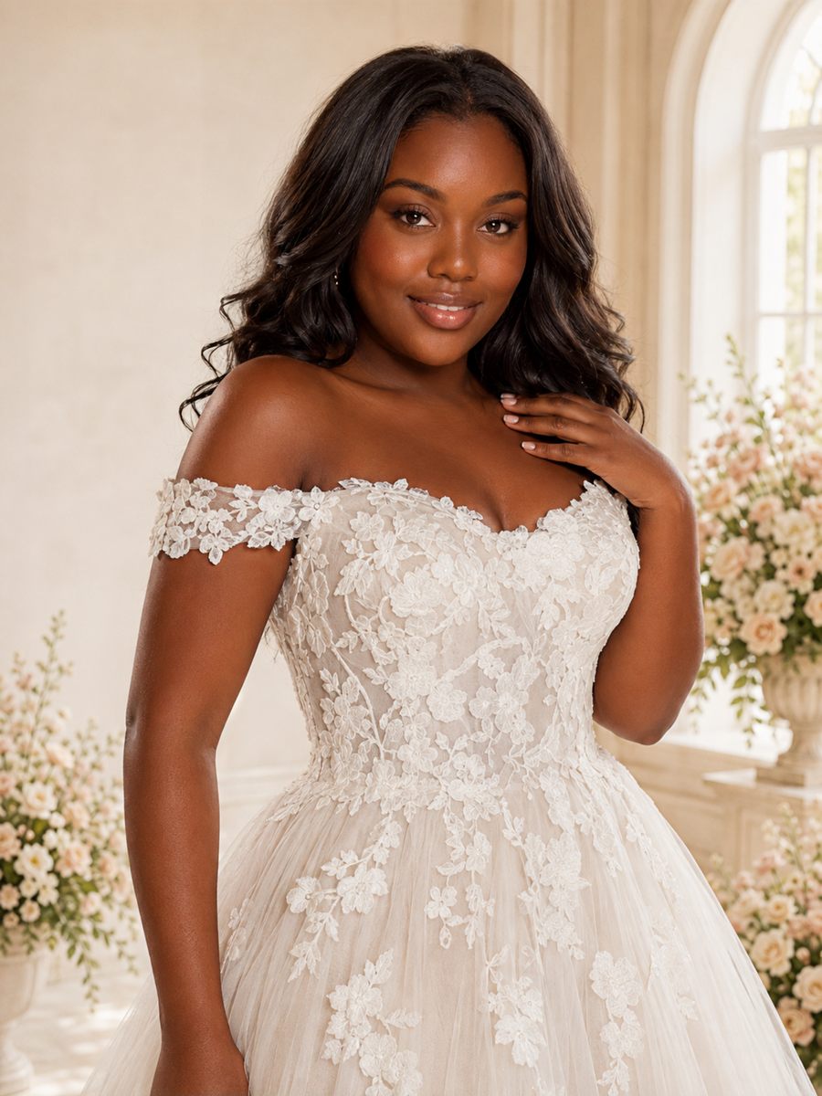 ChicSew Romantic A-Line Off The Shoulder Tulle Maxi Wedding Dress With Lace Applique
