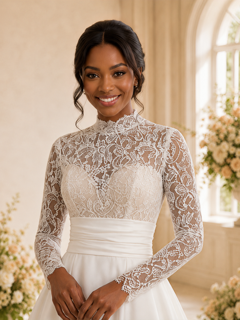 ChicSew Elegant High Neck Long Sleeves Lace Appliques Satin Maxi Wedding Dress