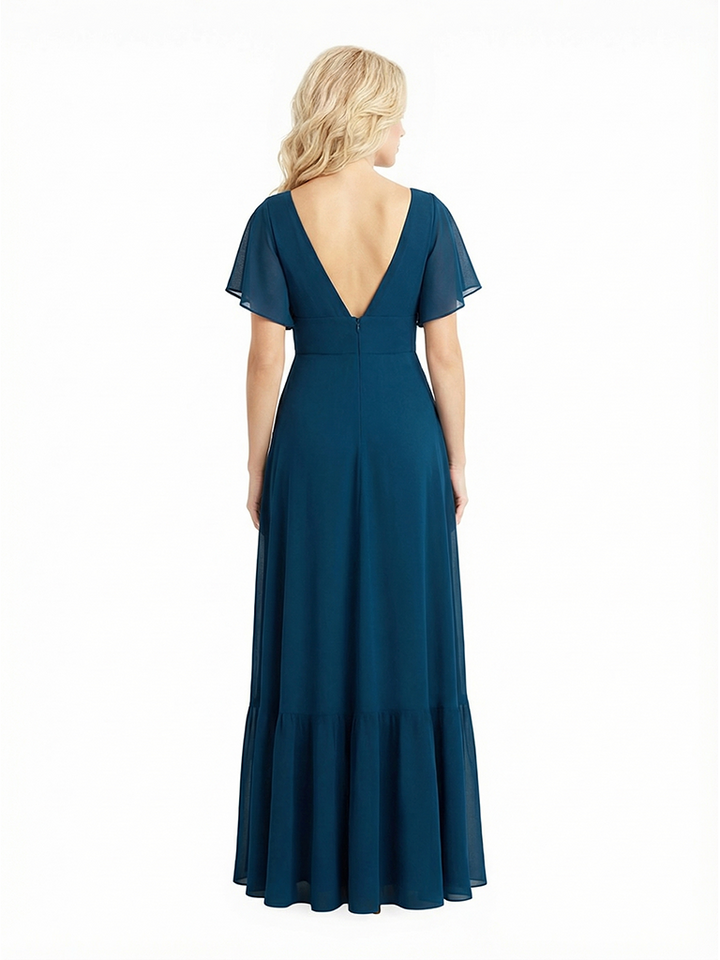 Beautiful Asymmetrical Neckline Flutter Sleeve Chiffon Mother of the Bride Floor-Length Dress