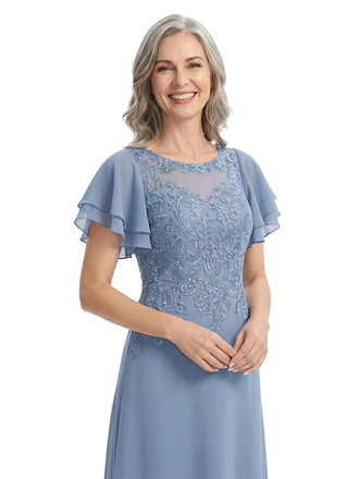 ChicSew Bateau Neck Flutter Sleeve Beaded Lace Applique Chiffon Floor Length Mother of the Bride Dress