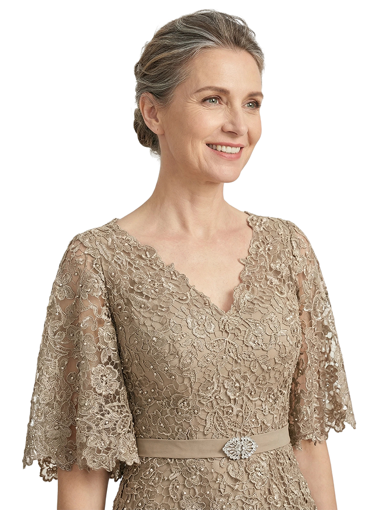 ChicSew Flutter Sleeves V-Neck Lace Appliques Chiffon A-Line Mother Of The Groom Dress