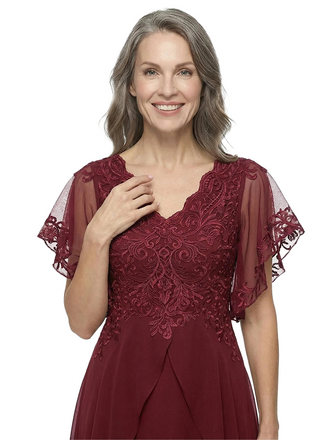 ChicSew Modern High-Low Chiffon A-Line Mother Of The Bride Dresses Flutter Sleeves Lace V-Neck Gown