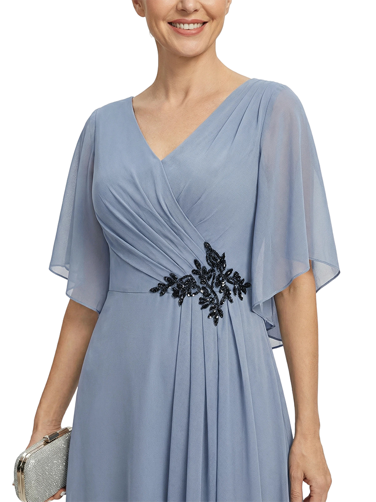 ChicSew V-Neck Flutter Sleeve Beaded Applique Chiffon Floor Length A-Line Mother of the Bride Dress
