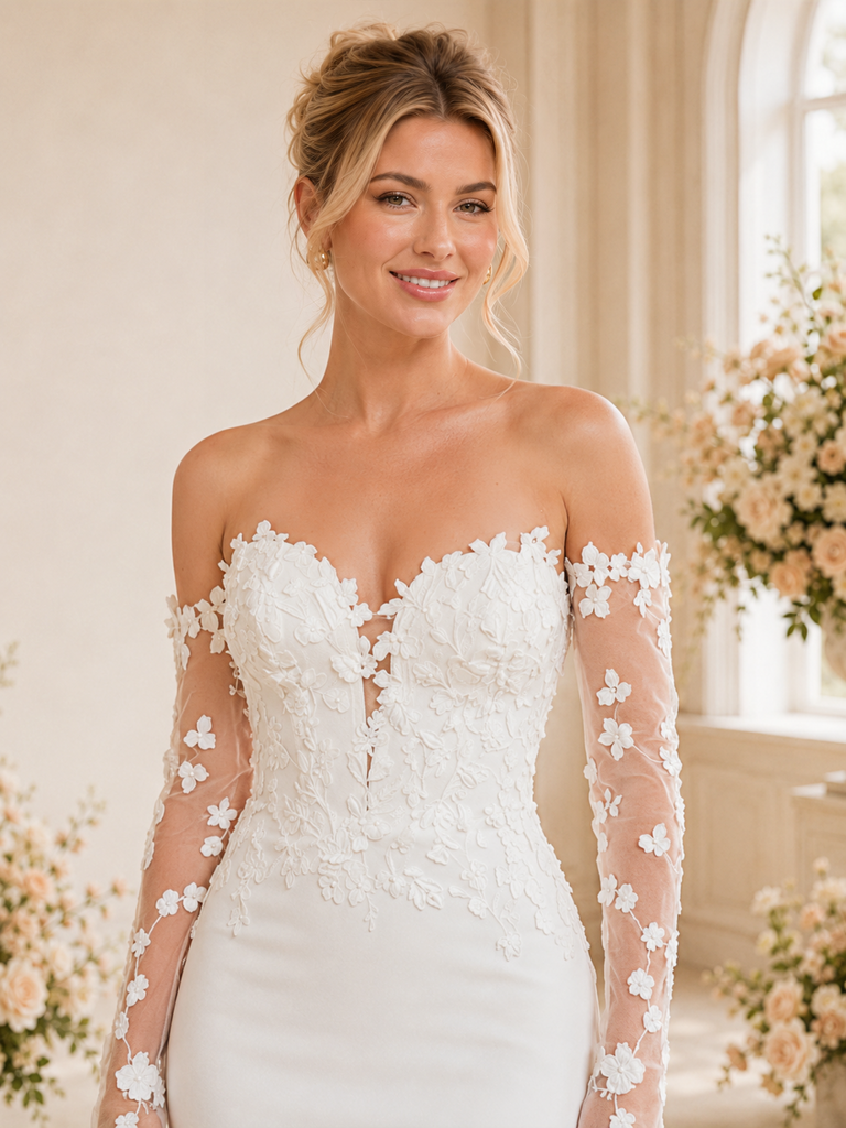 ChicSew Unique Off The Shoulder Long Sleeves Lace Tulle Mermaid Satin Maxi Wedding Dress With Train