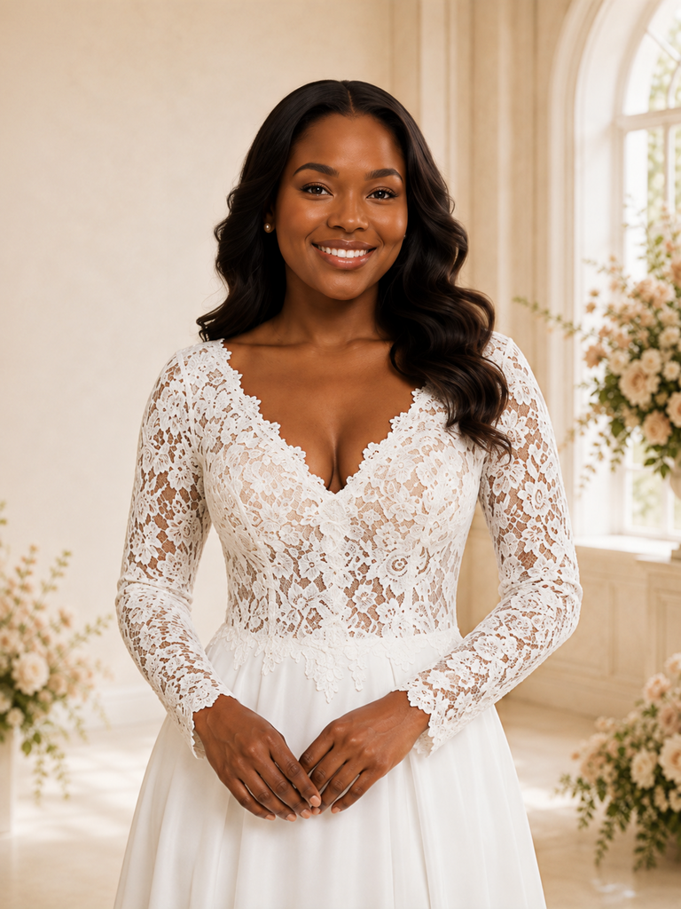 ChicSew Elegant Unique V-Neck Long Sleeves Lace Chiffon A-Line Maxi Wedding Dress