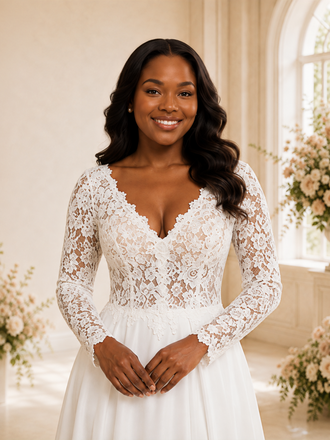 ChicSew Elegant Unique V-Neck Long Sleeves Lace Chiffon A-Line Maxi Wedding Dress