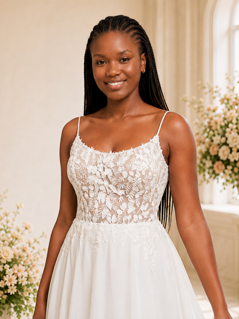 ChicSew Fancy Spaghetti Straps Lace Chiffon A-Line Maxi Wedding Dress With Applique
