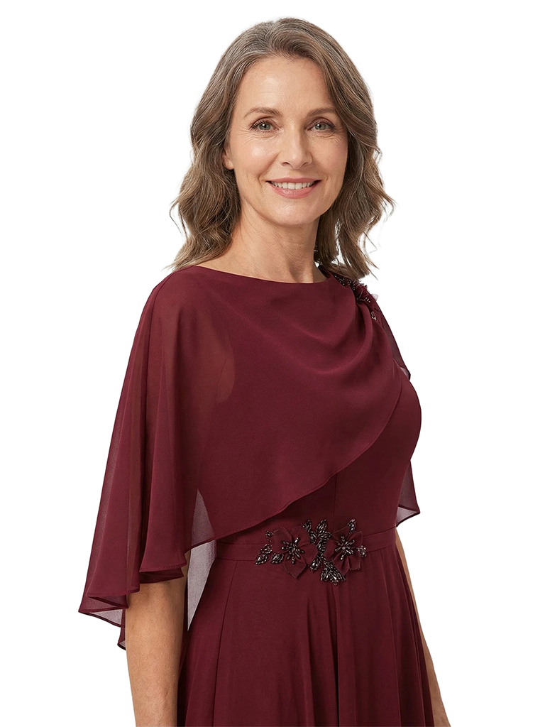 ChicSew Scoop Cape Sleeve Beaded Floor Length Chiffon Romantic Mom Of The Groom Dresses