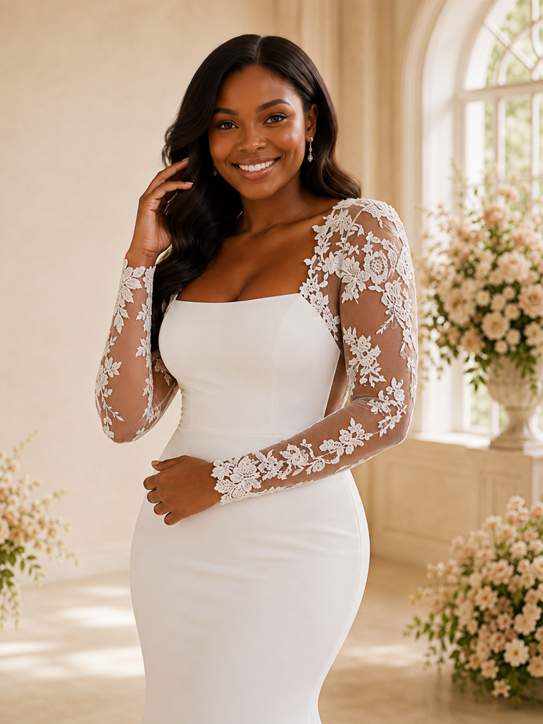 ChicSew Modern Mermaid Square Neck Long Sleeves Lace Crepe Maxi Wedding Dress