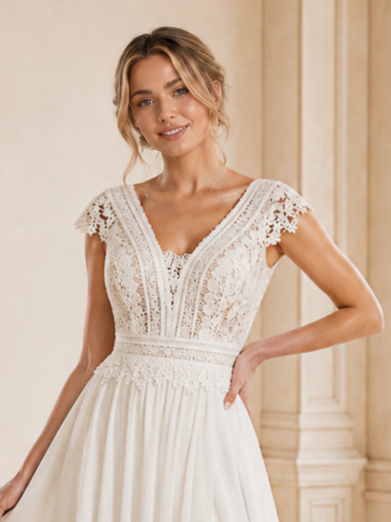 ChicSew Elegant Fancy A-Line V-Neck Lace Chiffon Side Slit Maxi Long Wedding Dress