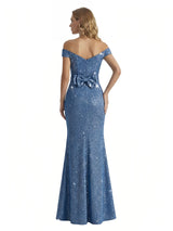 Shiny Mermaid Glitter Jersey Off The Shoulder Side Slit Maxi Formal Dresses For Women