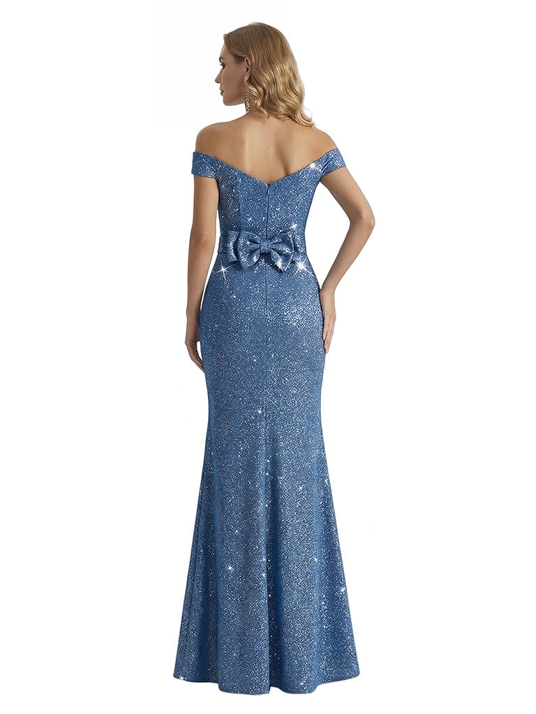 Shiny Mermaid Glitter Jersey Off The Shoulder Side Slit Maxi Formal Dresses For Women