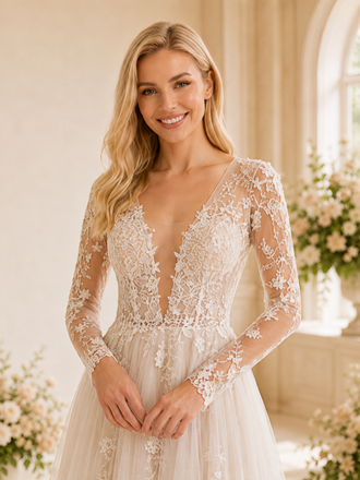 ChicSew Elegant Pretty Deep V-Neck Long Sleeves A-Line Lace Applique Tulle Floor-Length Wedding Dress