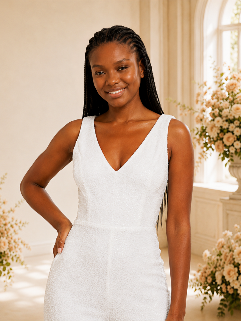 ChicSew Modern V-Neck Sleeveless Sequin Floor-Length Wedding Jumpsuit