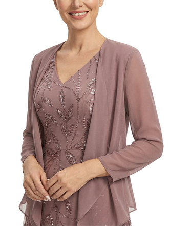 ChicSew V-Neck 3/4 Sleeve Lace Applique Ruched Bodice A-Line Chiffon Mother of the Bride Dresses With Jacket