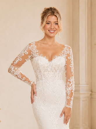 ChicSew Romantic V-Neck Lace Tulle Long Sleeves Mermaid Maxi Wedding Dresses
