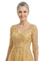 ChicSew Elegant V-Neck 3/4 Sleeves A-Line Mother Of The Bride Gown Lace Tulle Overlay