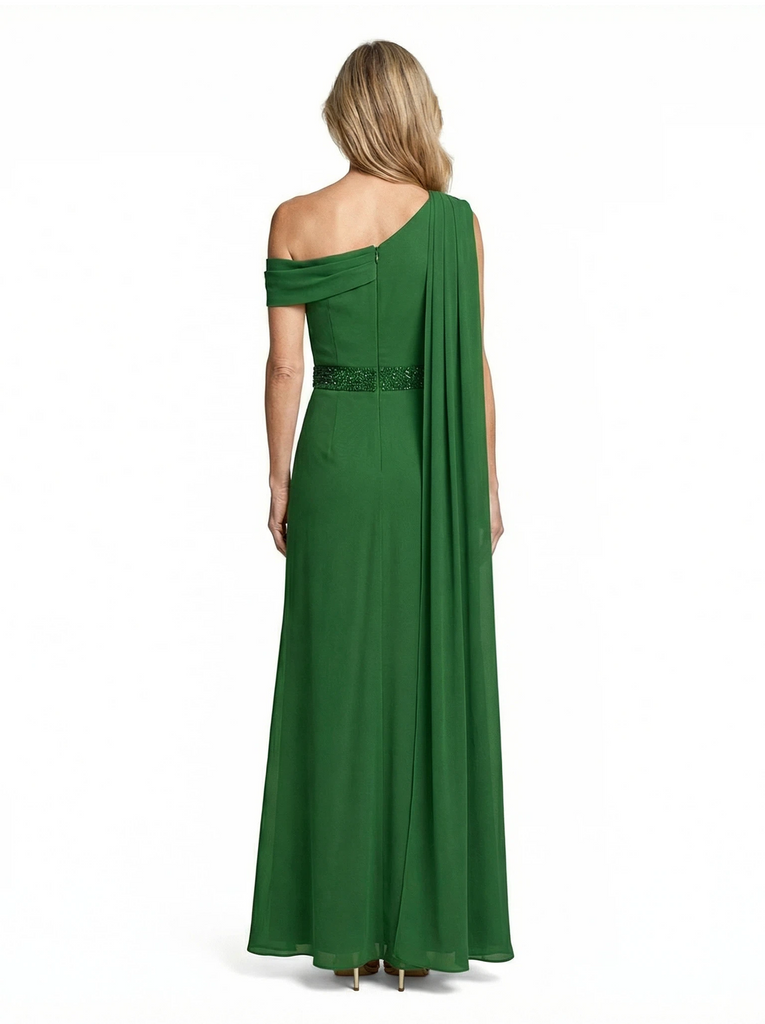 Unique Asymmetric Straps Chiffon Mother Of The Groom Gown Beaded Belt Formal Evening Dress