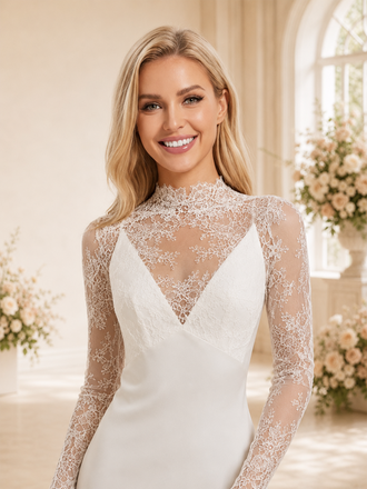 ChicSew Elegant High Neck Lace Long Sleeves Crepe Mermaid Foor-Length Wedding Dress