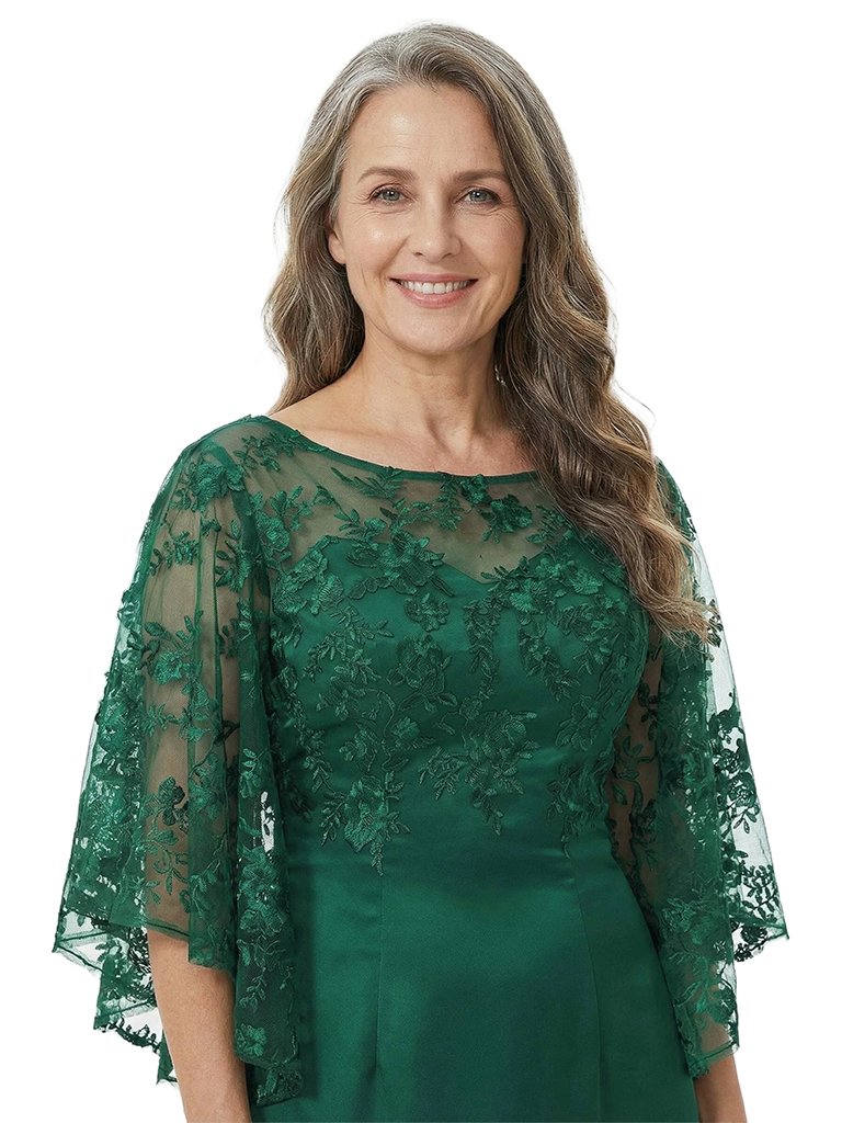 Floor-Length Silky Satin Mother Of The Bride Gown Lace Cape Sleeve