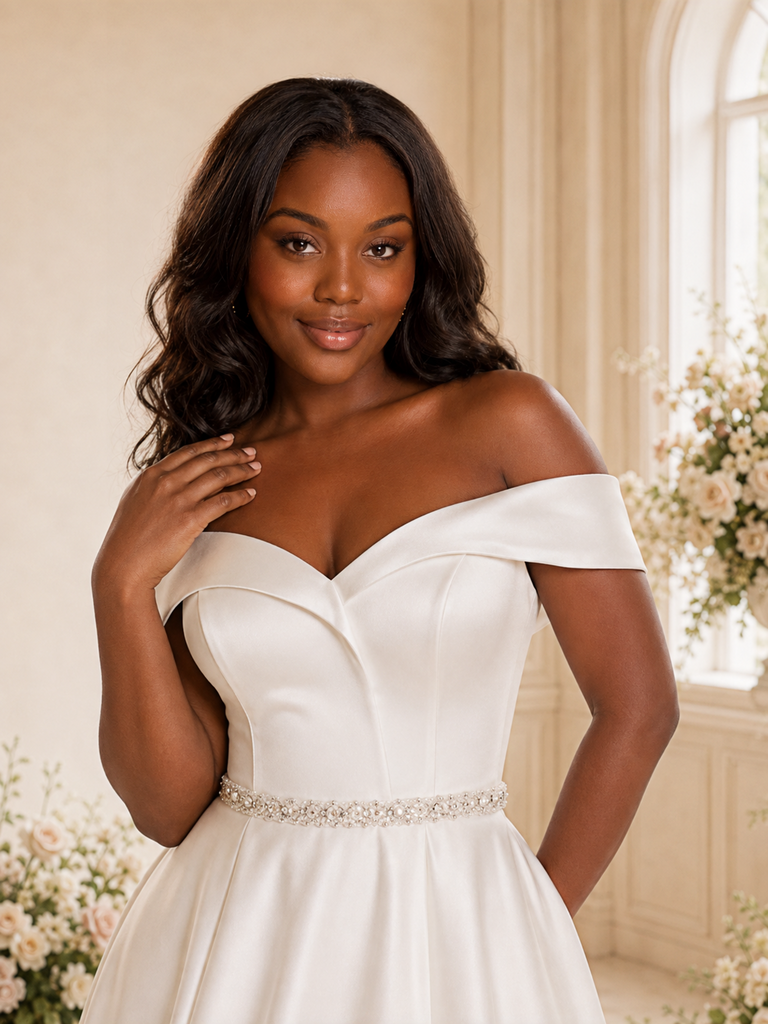 ChicSew Mondern A-Line Off The Shoulder Rhinestone Satin Tea-Length Wedding Dress