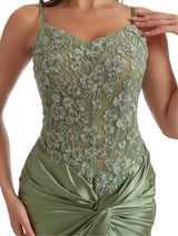 Elegant Lace Spaghetti Strap Side Split Mermaid Ruched Satin Long Bridesmaid Dresses