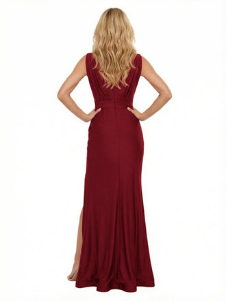 Elegant Soft Satin V-Neck Sleeveless Side Slit Mermaid Long Mother of the Bride Dresses