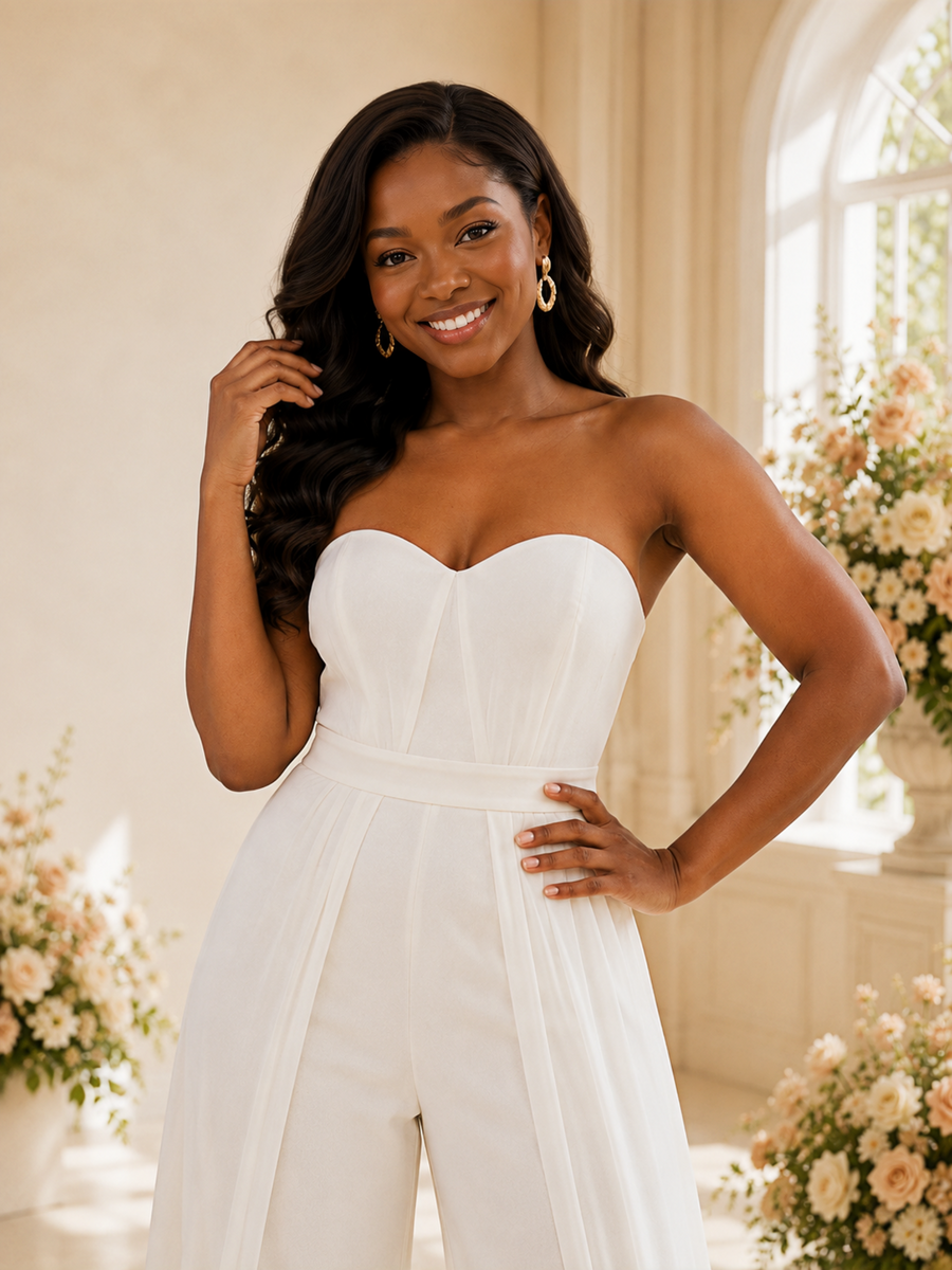 ChicSew Modern Sweetheart Sleeveless Crepe Floor-Length Wedding Jumpsuit