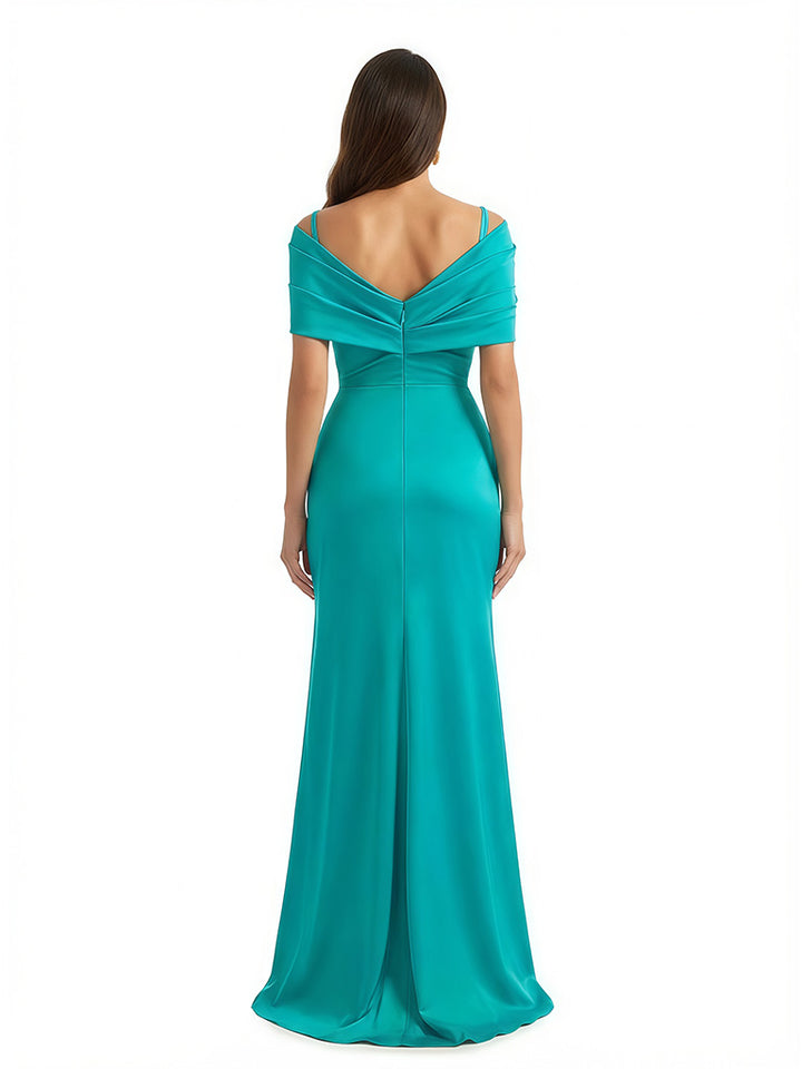 Sexy Mermaid Cap Sleeves Silky Satin Maxi Evening Dresses For Ladies Side Slit