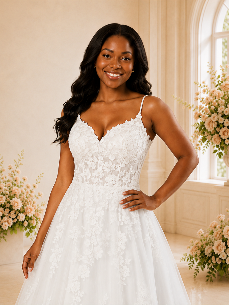 ChicSew Romantic Spaghetti Straps Tulle Lace A-Line Long Wedding Dress