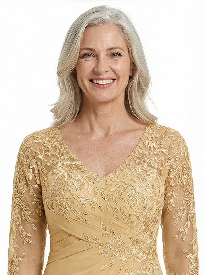 ChicSew V-Neck Lace Long Sleeves Ruched Waist A-Line Floor Length Chiffon Elegant Mother Of The Bride And Groom Dresses