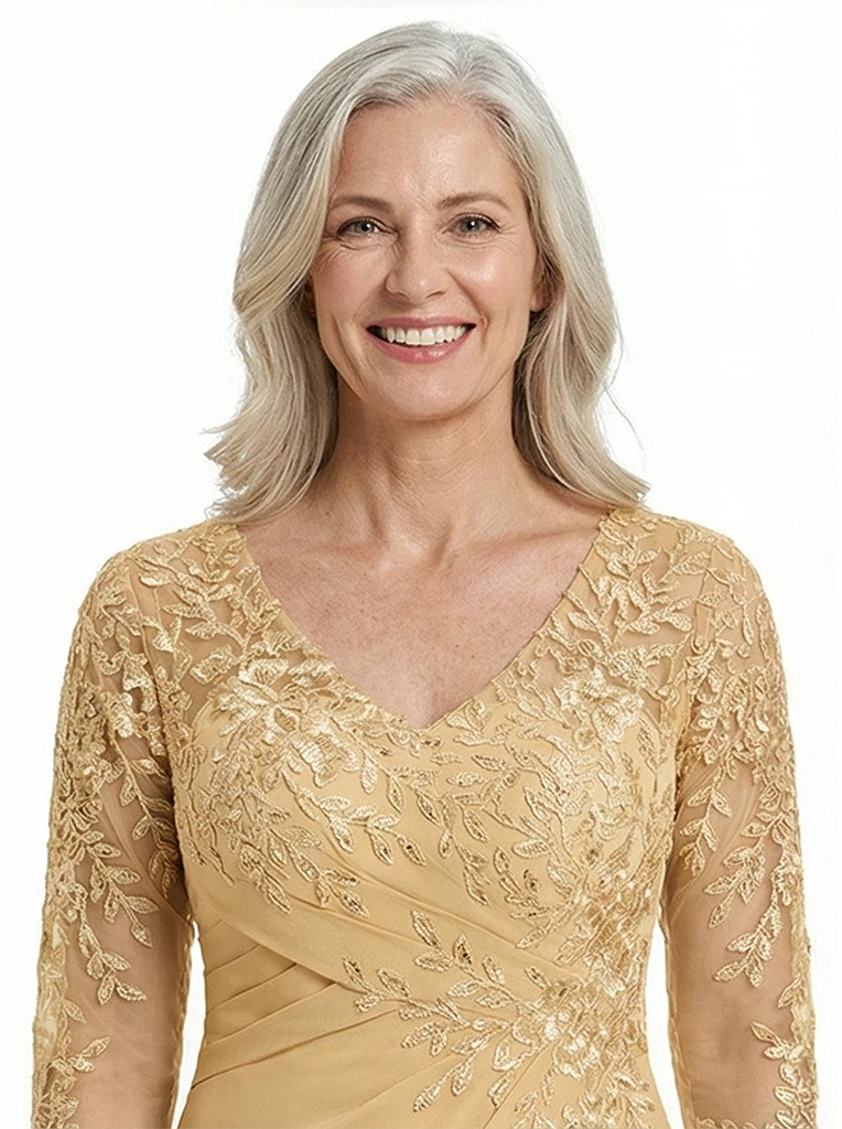 ChicSew V-Neck 3/4 Sleeve Lace Applique Ruched Waist A-Line Floor Length Chiffon Elegant Mother Of The Bride And Groom Dresses