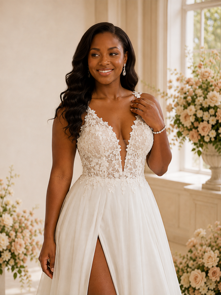 ChicSew Fancy V-Neck Lace Chiffon A-Line Floor-Length Wedding Dress With Silde Slit