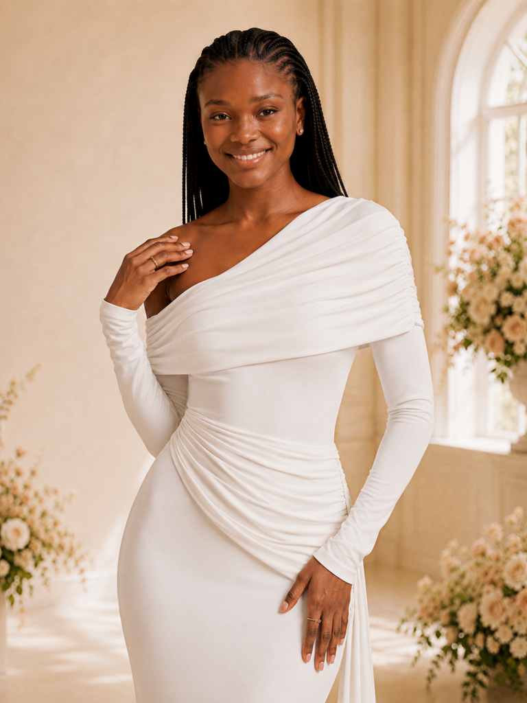 ChicSew Elegant Unique Asymmetrical Neck Crepe Long Sleeves Mermaid Floor-Length Wedding Dress