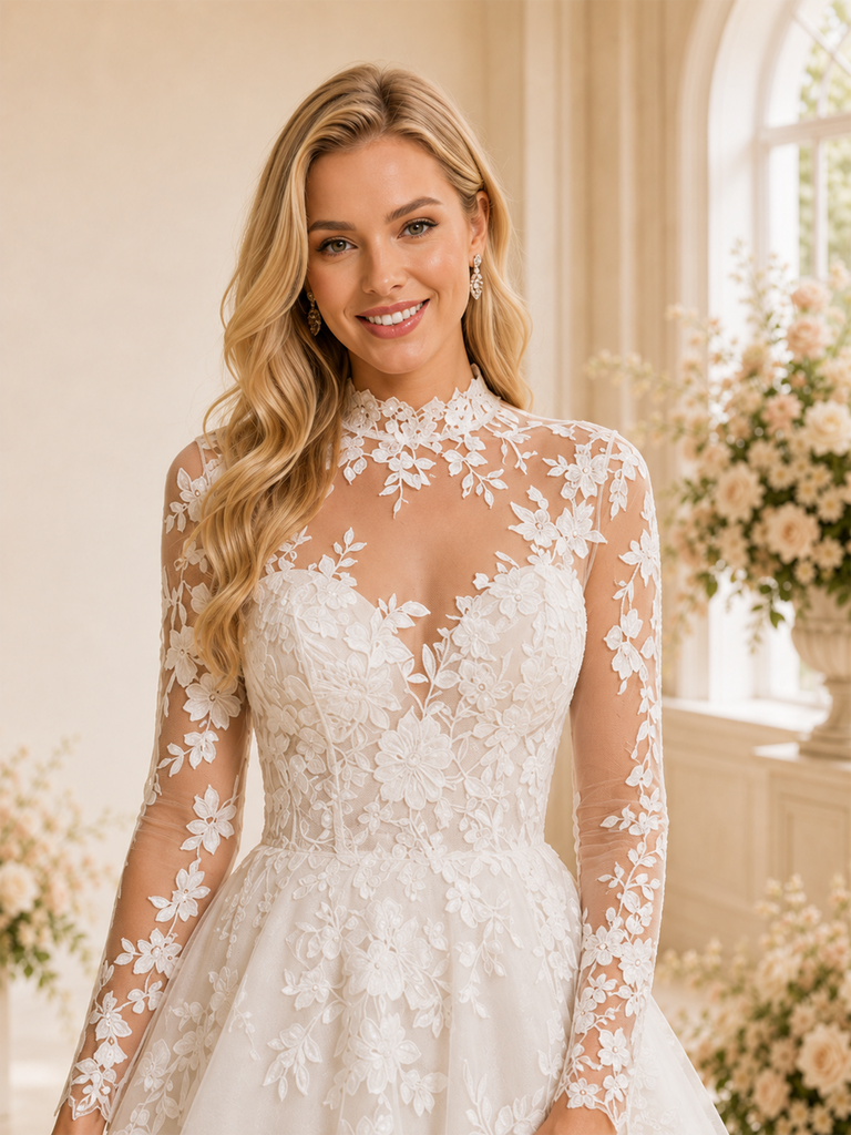 ChicSew Elegant High Neck Long Sleeves Mini A-Line Lace Tulle Short Wedding Dresses Online