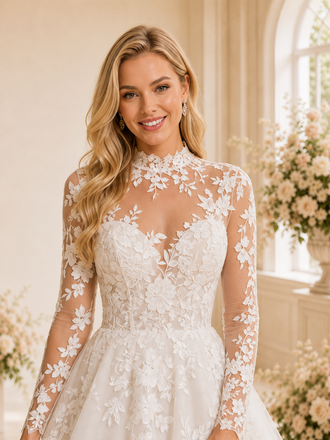 ChicSew Elegant High Neck Long Sleeves Mini A-Line Lace Tulle Short Wedding Dresses Online