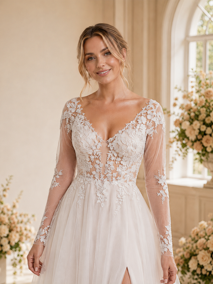 ChicSew Elegant V-Neck Long Sleeves Tulle Lace Appliques A-Line Maxi Wedding Dress