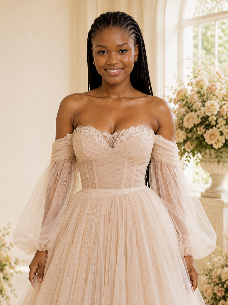 ChicSew Unqiue Modern Sweetheart Long Sleeves A-Line Tulle Maxi Wedding Dress