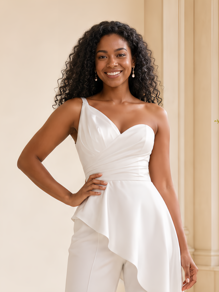 ChicSew Modern One Shoulder Ruching Satin Floor-Length Wedding Jumpsuit