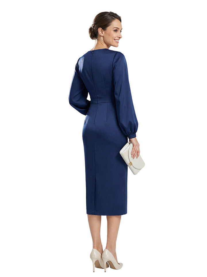 Sophisticated Square Neck Puff Sleeve Satin Sheath Mother Of The Groom Dress
