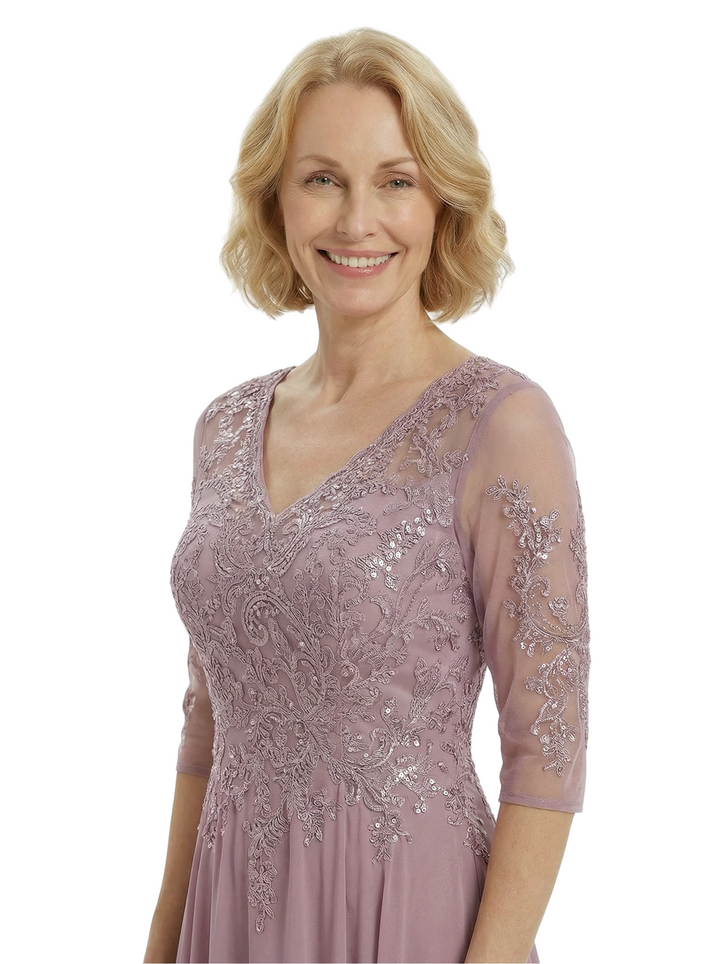 Elegant V-Neck Half Sleeves A-Line Chiffon Mother Of The Bride Dress