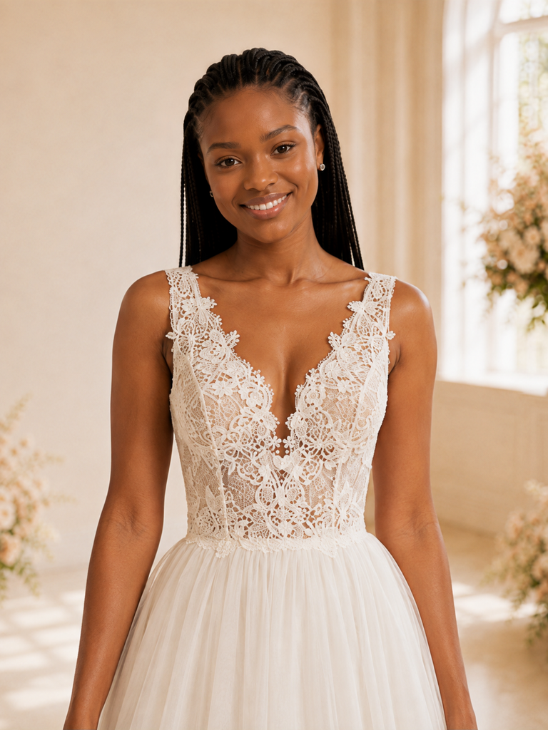 ChicSew Modern A-Line V-Neck Sleeveless Lace Tulle Tea-Length Wedding Dress