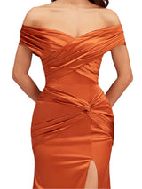 Sexy Side Slit Mermaid Off The Shoulder Soft Satin Unique Long Bridesmaid Dresses Online