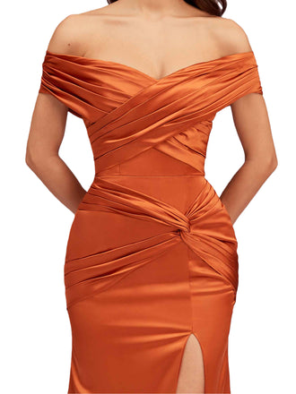 Sexy Side Slit Mermaid Off The Shoulder Soft Satin Unique Long Bridesmaid Dresses Online