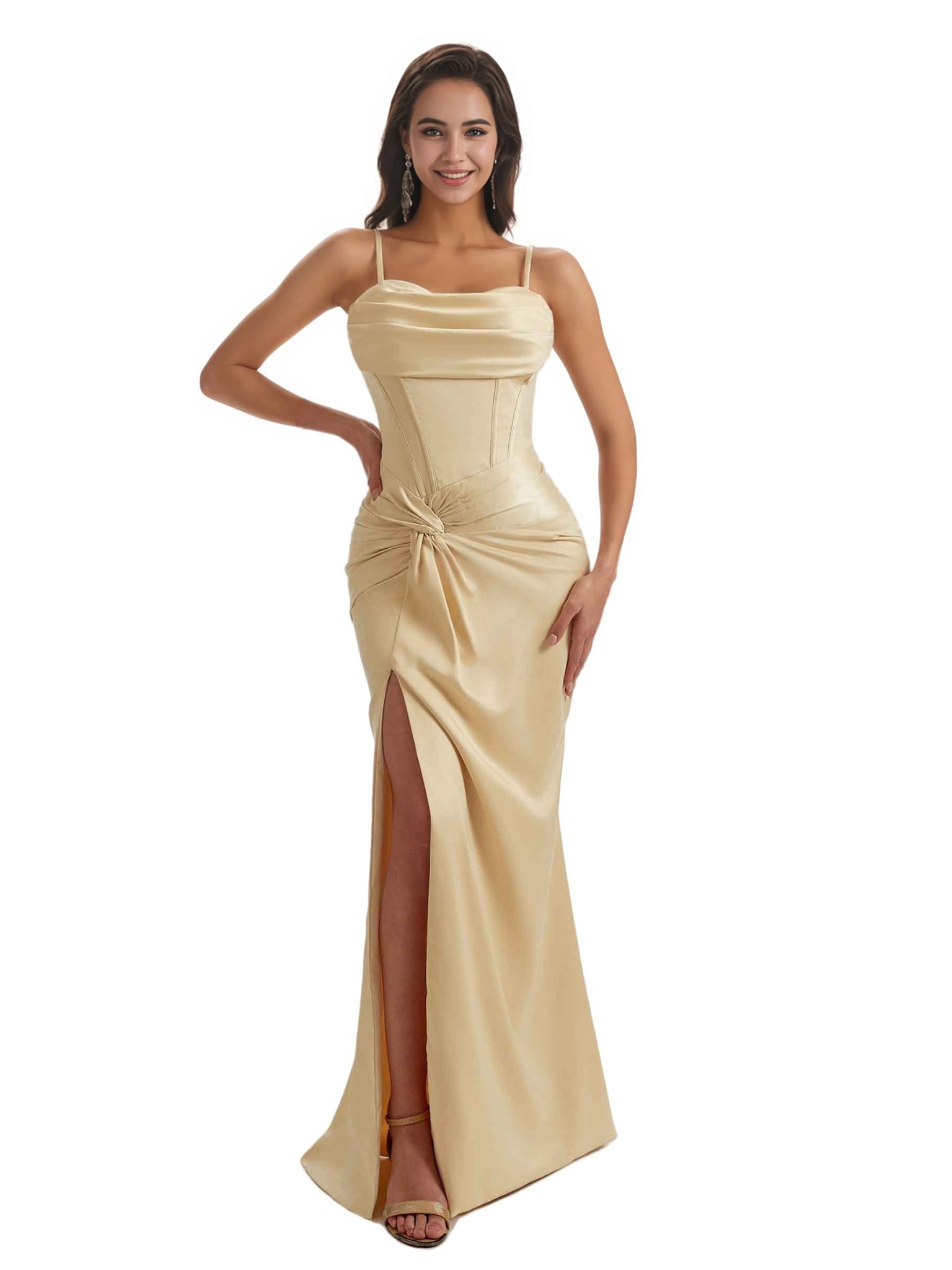 Elegant Mermaid Ruched Silky Satin Long Bridesmaid Dresses Slit Spaghetti Straps