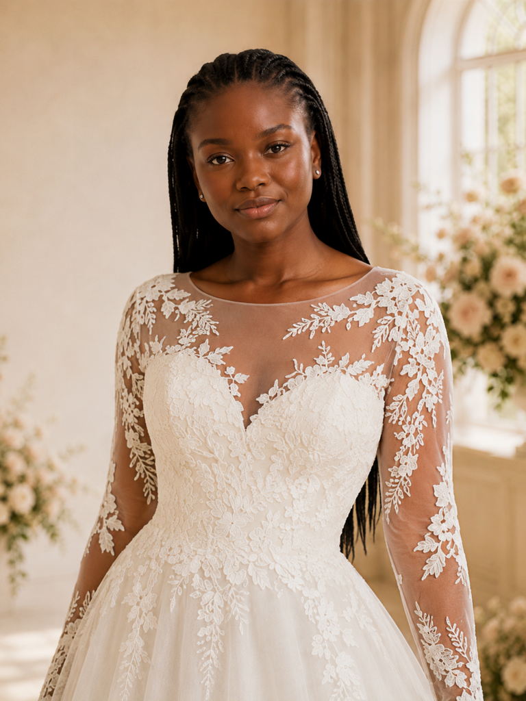 ChicSew Elegant A-Line Illusion Long Sleeves Lace Appliques Tulle Maxi Wedding Dress