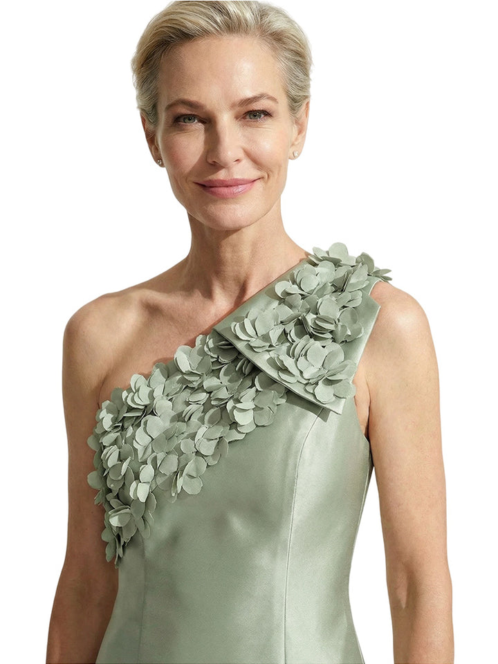 Unique 3D Floral Applique One Shoulder Mother Of The Bride Satin Maxi Gown