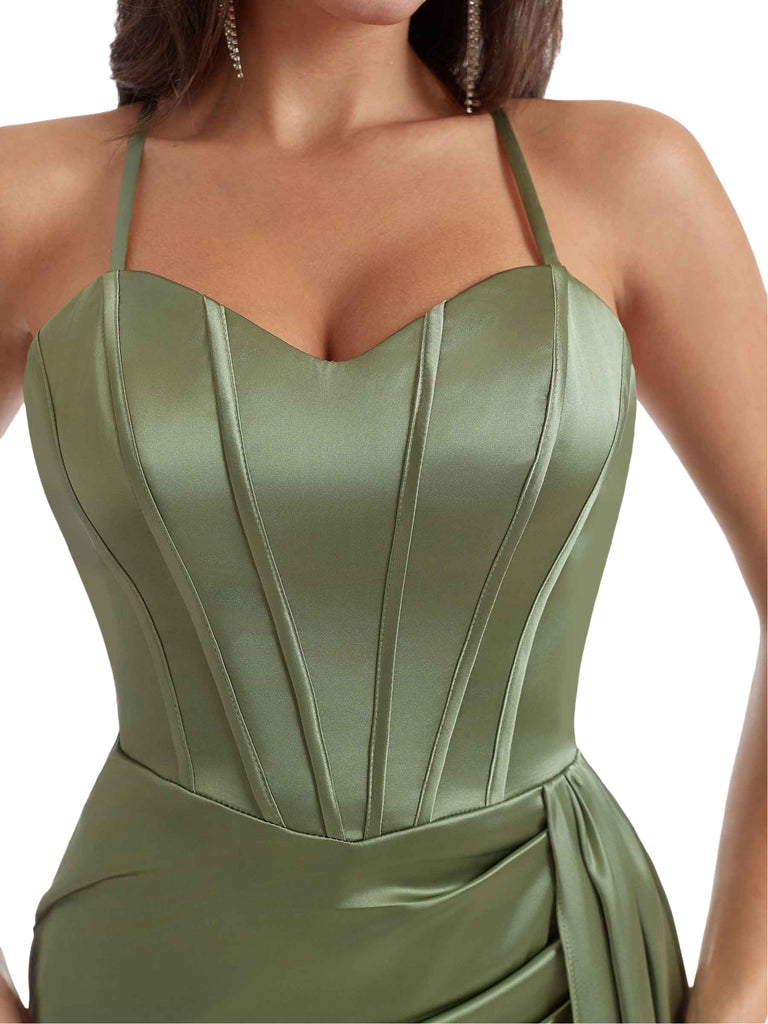 Elegant Silky Satin Side Slit Long Bridesmaid Dresses Online Mermaid Spaghetti Straps