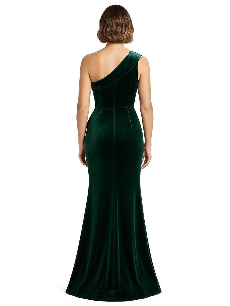 Luxury Velvet One Shoulder Mermaid Mother Of The Bride Gown With Ruffle Slit